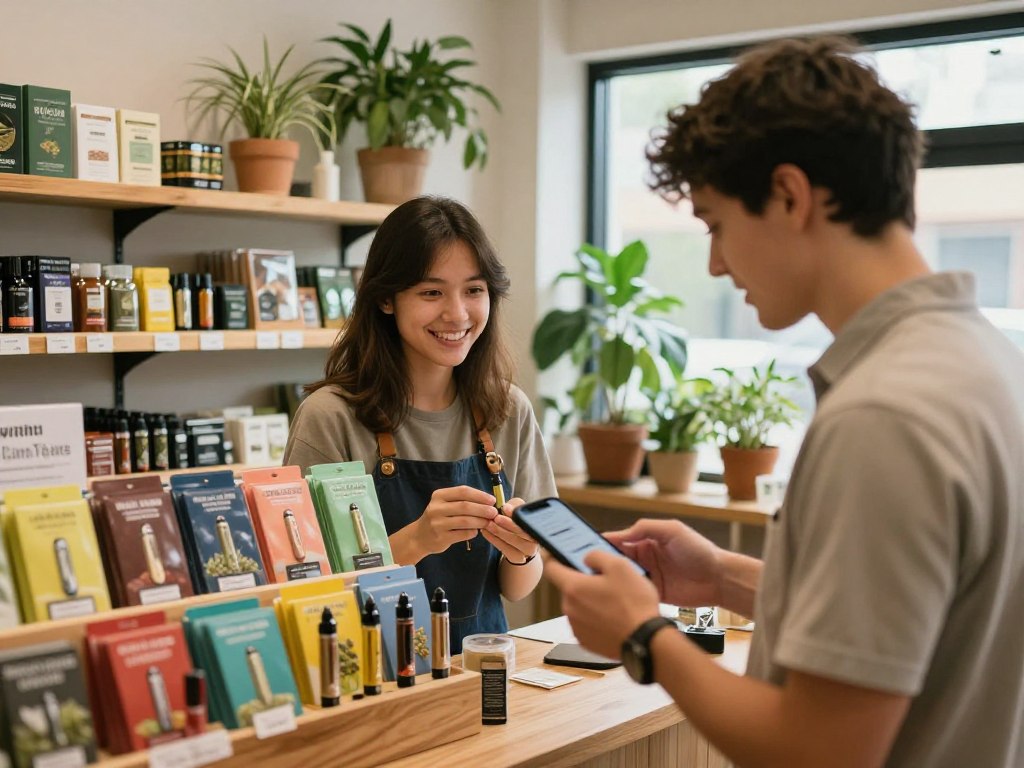 Customer choosing a Cake cart in a cozy dispensary with vibrant displays