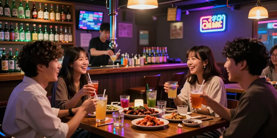 A lively scene at 상봉동 한국관나이트, showcasing friends enjoying drinks with vibrant Korean decor, cocktails, and dishes in a festive atmosphere.