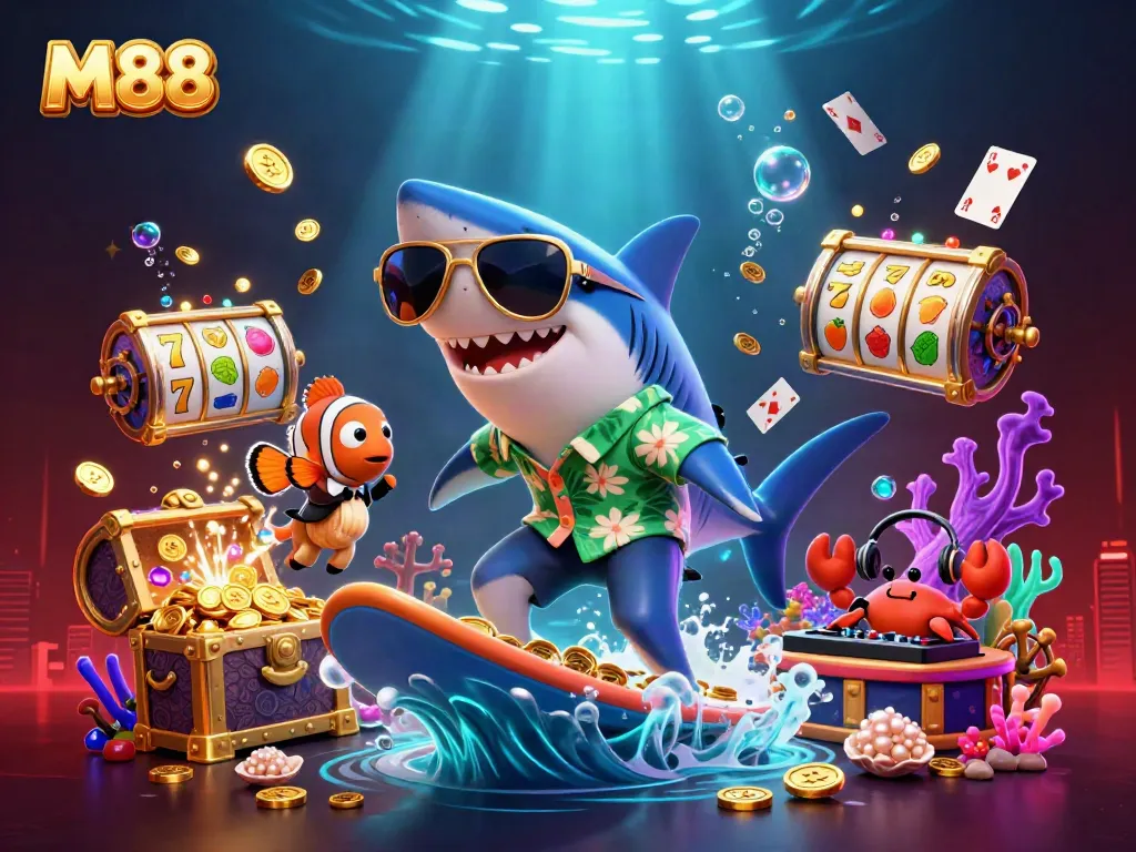 M88 promotion featuring a hammer-head shark surfing gold coins, vibrant casino elements all around.