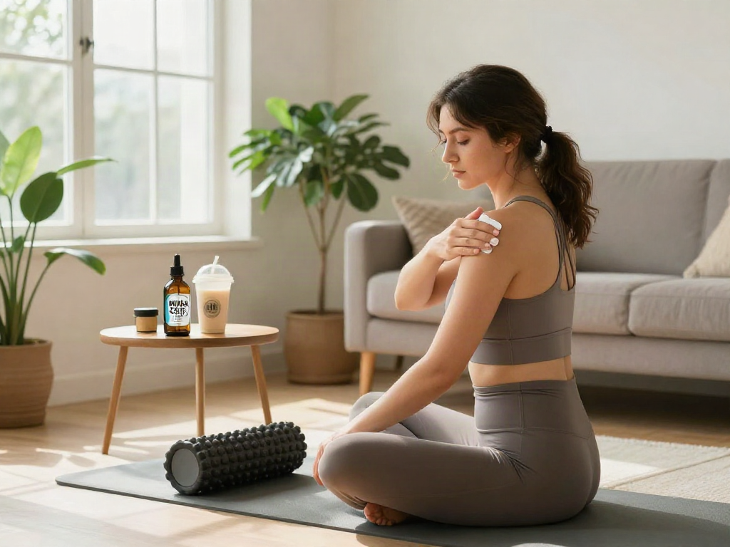 Muha Med CBD oil bottle alongside a woman practicing wellness recovery post-workout, emphasizing health benefits.