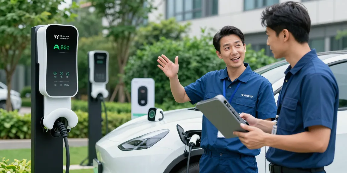 Portable EV charger factory showcasing advanced charging solutions and customer interactions in a tech-savvy environment.