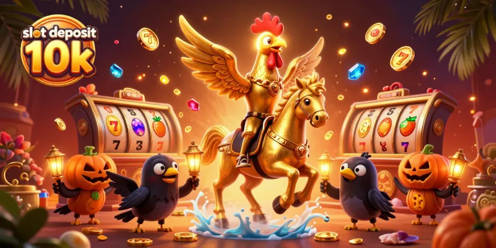 Slot deposit 10k memikat dengan ilustrasi kasino yang menakjubkan dan simbol keberuntungan yang melimpah.