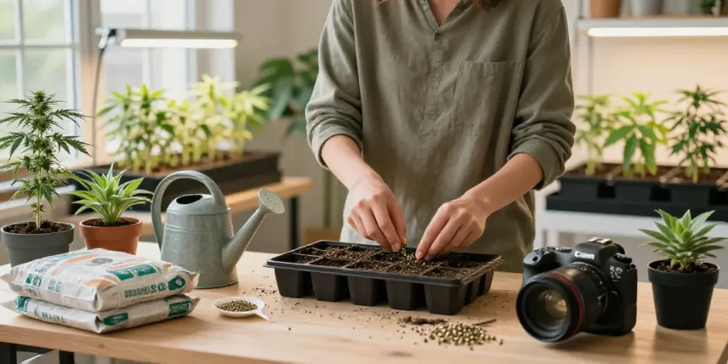 Cannabissamen kaufen in a nurturing indoor gardening environment with seeds and tools.