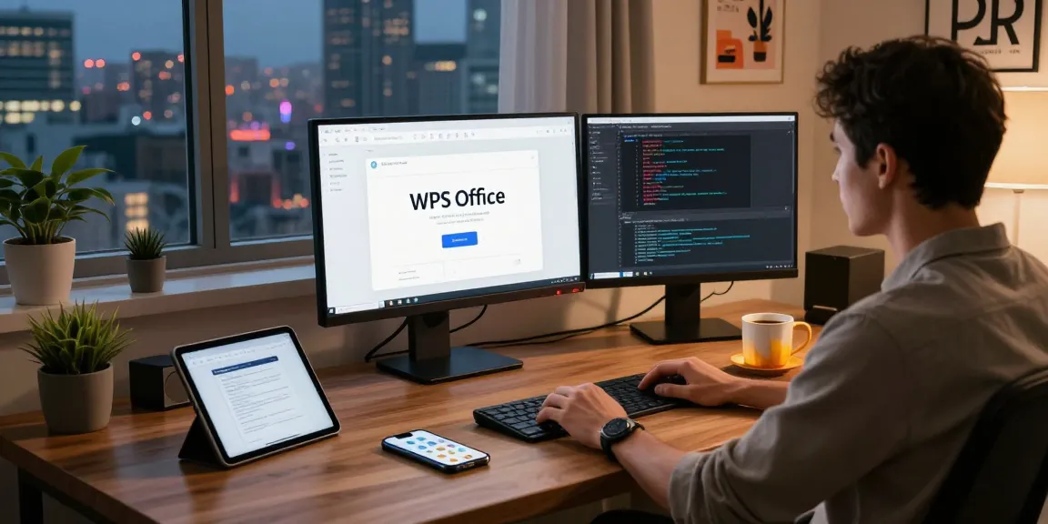 Download WPS Office in a professional workspace with multiple monitors, showcasing software productivity.