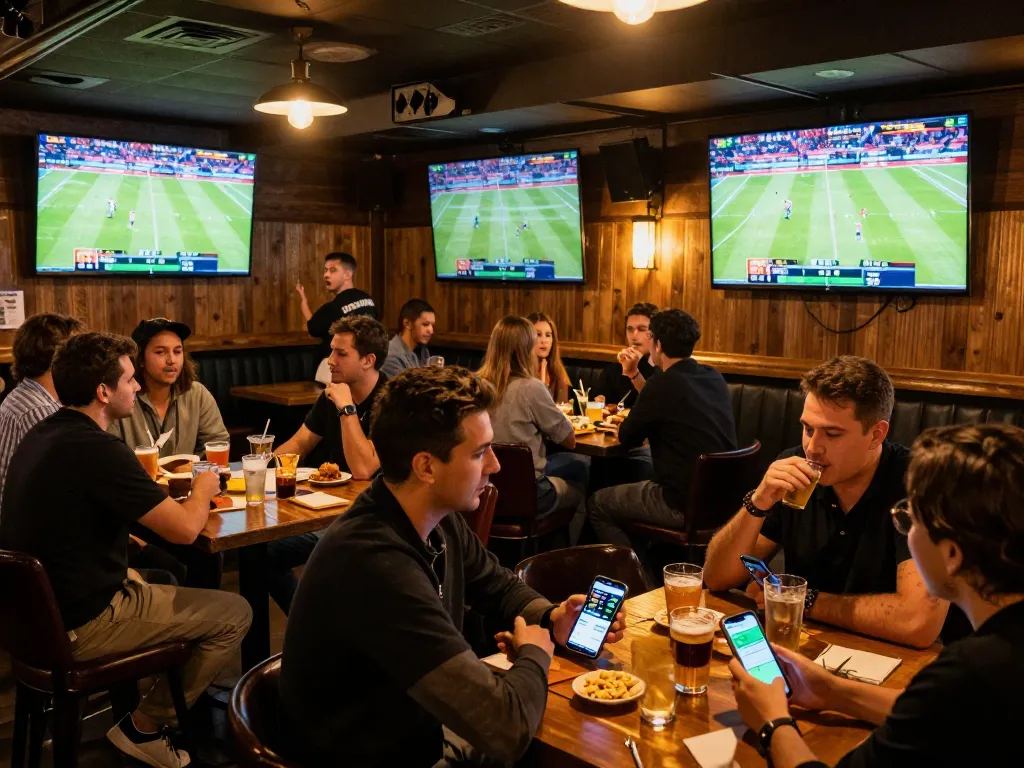 Engaged bettors reviewing kèo nhà cái odds while enjoying live sports in a vibrant bar atmosphere.