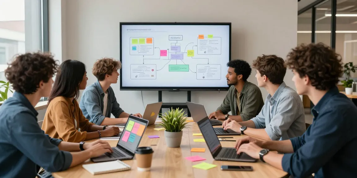 Collaboration in a creative workspace, professionals using mixboard ai for innovative brainstorming.