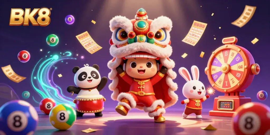 Experience thrilling gaming with BK8 in a vibrant 3D illustration showcasing dynamic elements like dogs playing fireworks and colorful lottery balls.