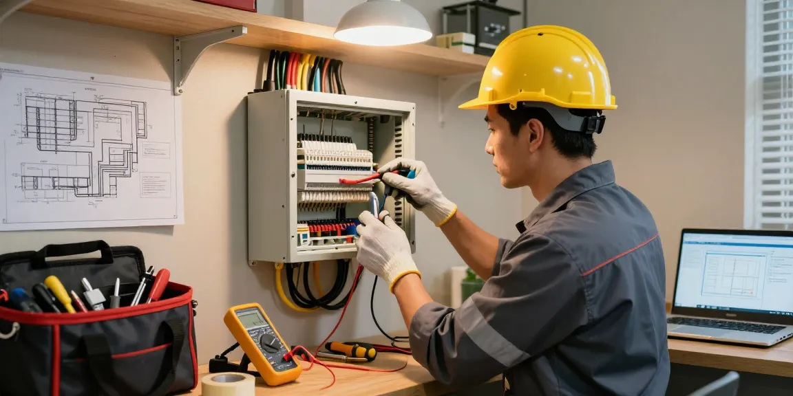 24 hour electrician troubleshooting a circuit panel in a home setting with tools and blueprints