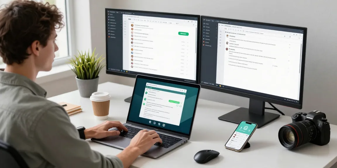 Professional user engaging with WhatsApp電腦版 on a laptop in a modern workspace.
