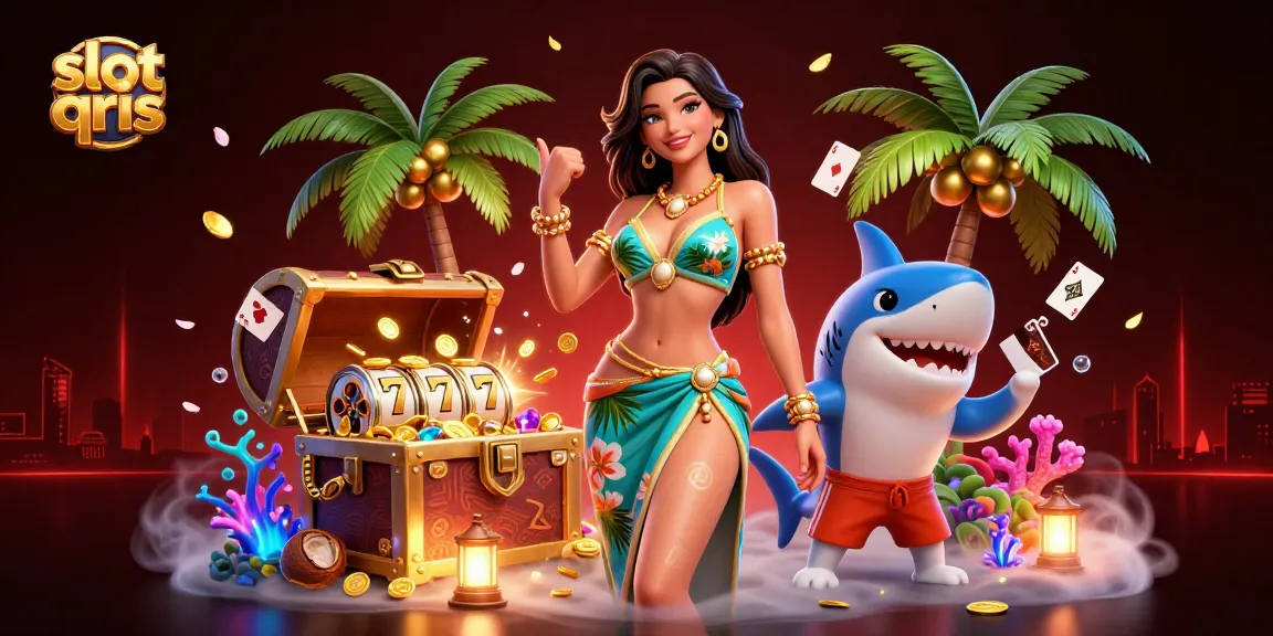 Spin the reels and win with slot qris while enjoying a vibrant tropical scene.