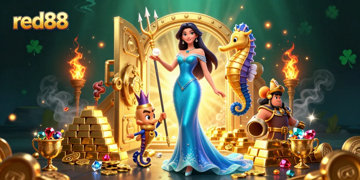 Experience the excitement of red88 with vibrant casino elements and enchanting characters in a dynamic underwater scene.