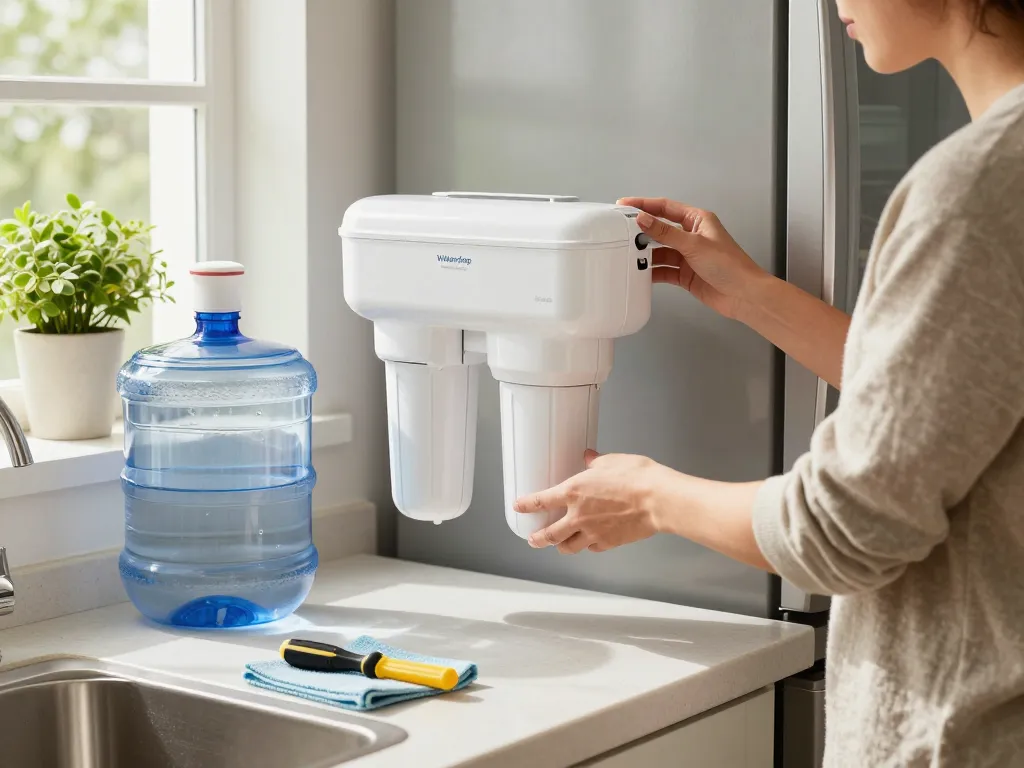 Installing the Waterdrop Replacement for Frigidaire® & Electrolux® WF2CB® water filter in a bright, modern kitchen, showcasing clean water access.