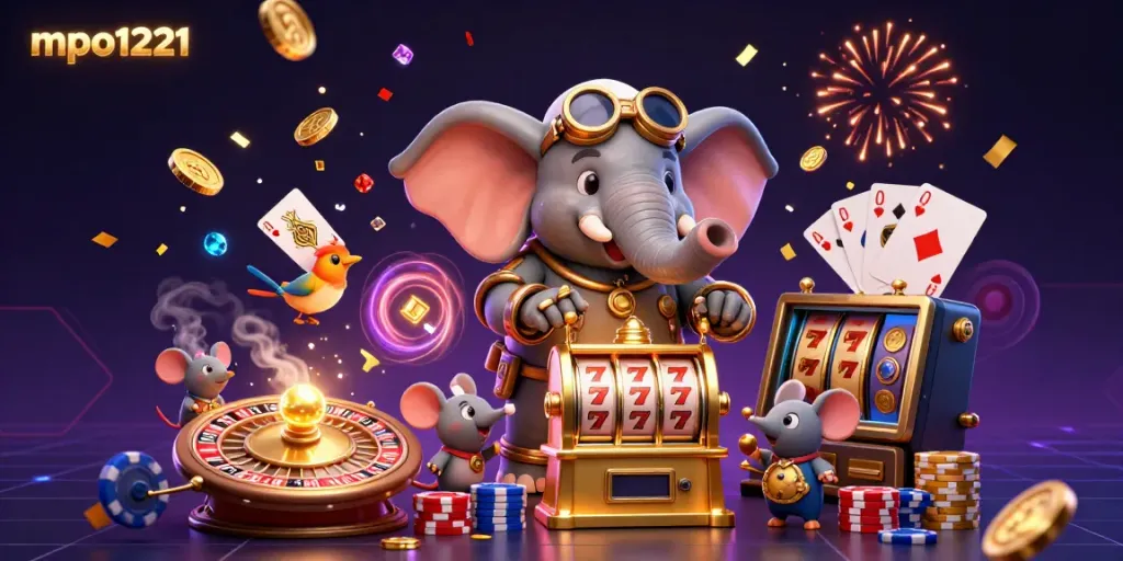 Spin and win with mpo1221's steampunk-themed slot machine surrounded by confetti and vibrant casino elements.