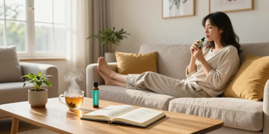 Muha meds carts providing natural wellness, enjoyed in a cozy living room with calming decor and sunlight.