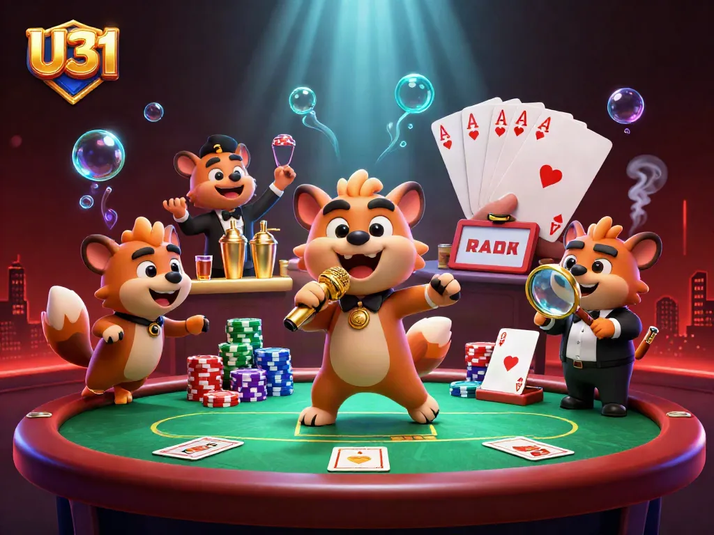 Live comedy at U31 casino with hyenas, vibrant poker scene filled with chips and drinks