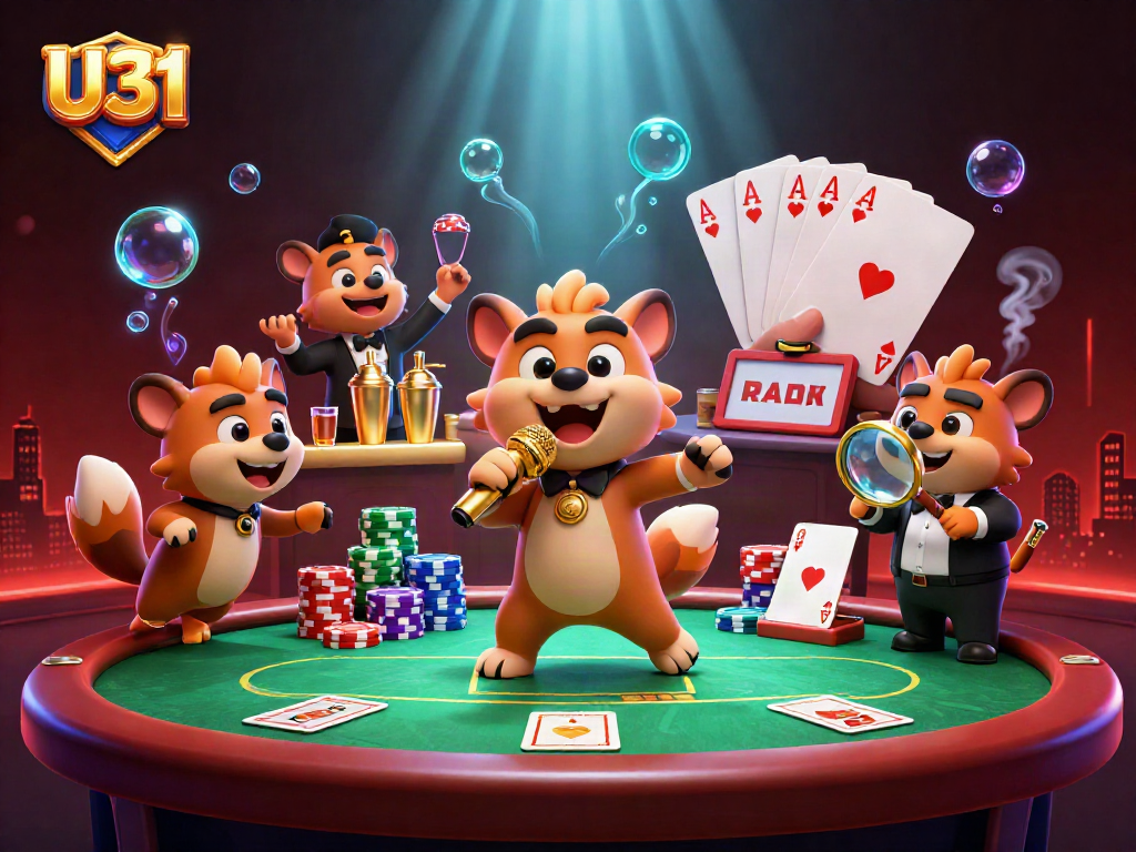 Live comedy at U31 casino with hyenas, vibrant poker scene filled with chips and drinks