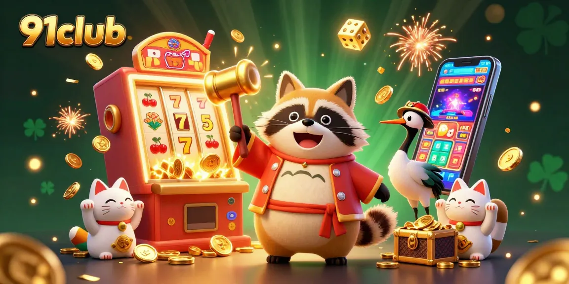 Engage with 91club's jackpot excitement featuring a tanuki and lucky symbols in this vibrant casino scene.
