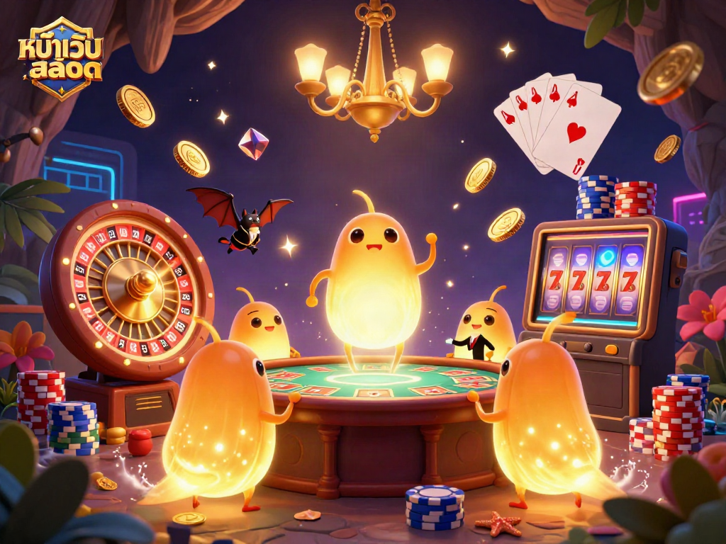 Engage with the vibrant casino atmosphere in a glowworm-lit scene showcasing หน้าเว็บสล็อต elements.