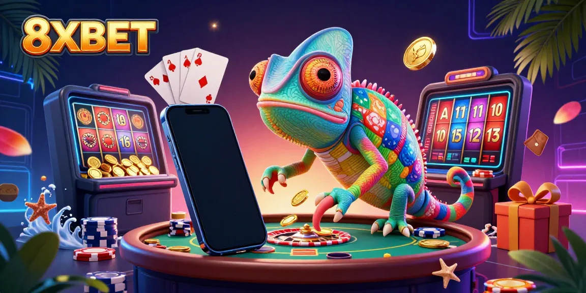 Experience the vibrant world of 8XBET with a colorful chameleon casino owner in action.