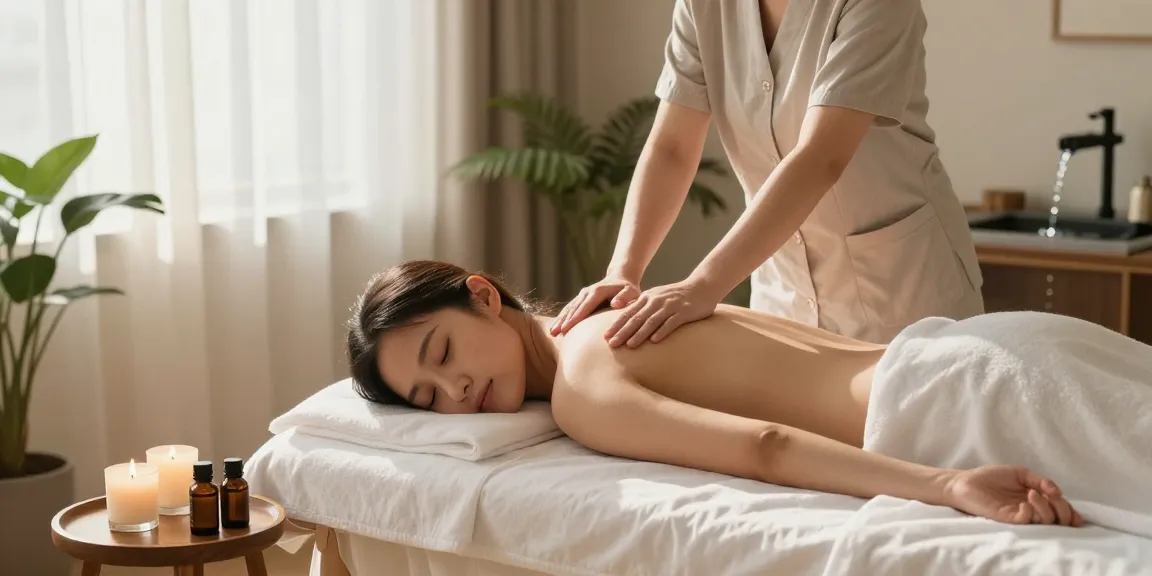 역곡출장안마 받은 여성의 편안한 마사지 장면으로 아로마 테라피와 함께 힐링 중입니다.