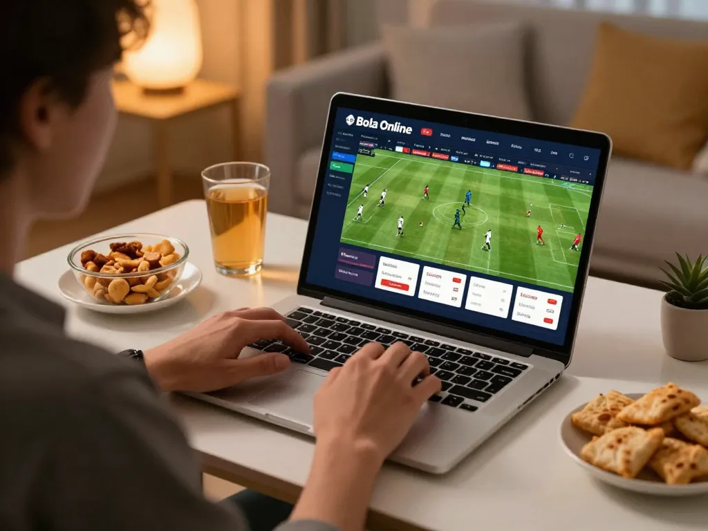 Bola Online betting with a laptop on a cozy home setup, reflecting engagement in sports wagering.