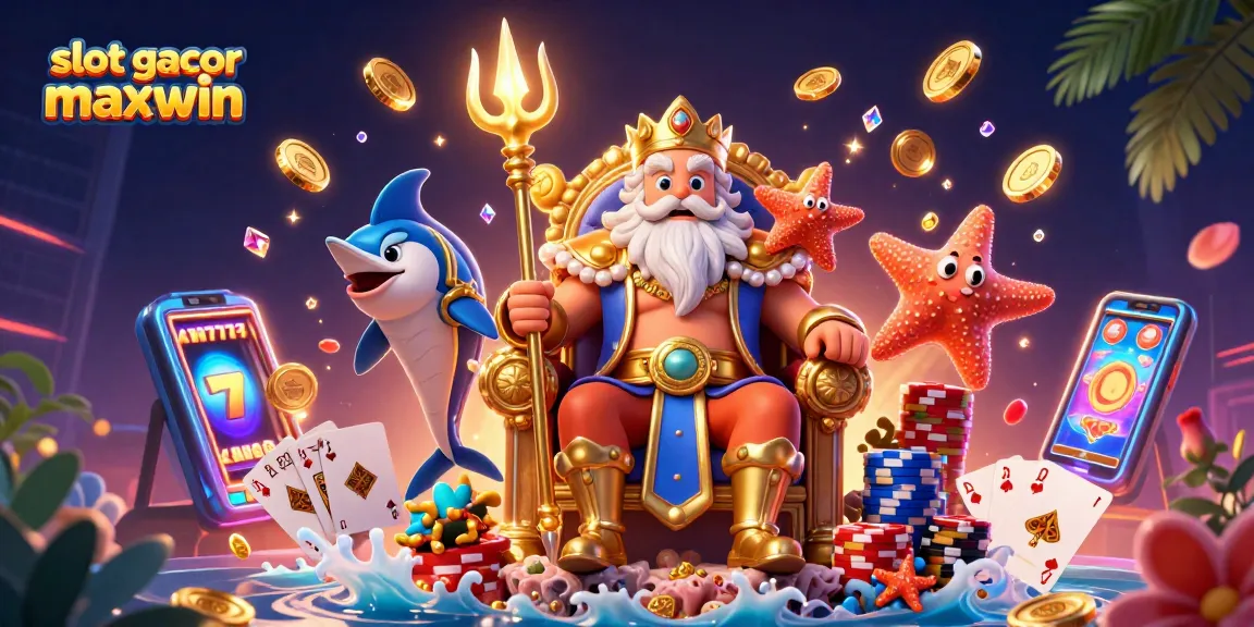 Experience the thrill of slot gacor maxwin with Neptune's sea kingdom in this vibrant casino illustration.
