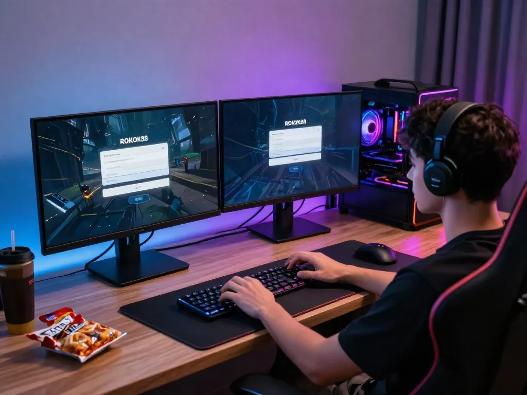 Engaging gaming setup featuring user using ROKOK88 login with vibrant RGB lighting and game graphics.