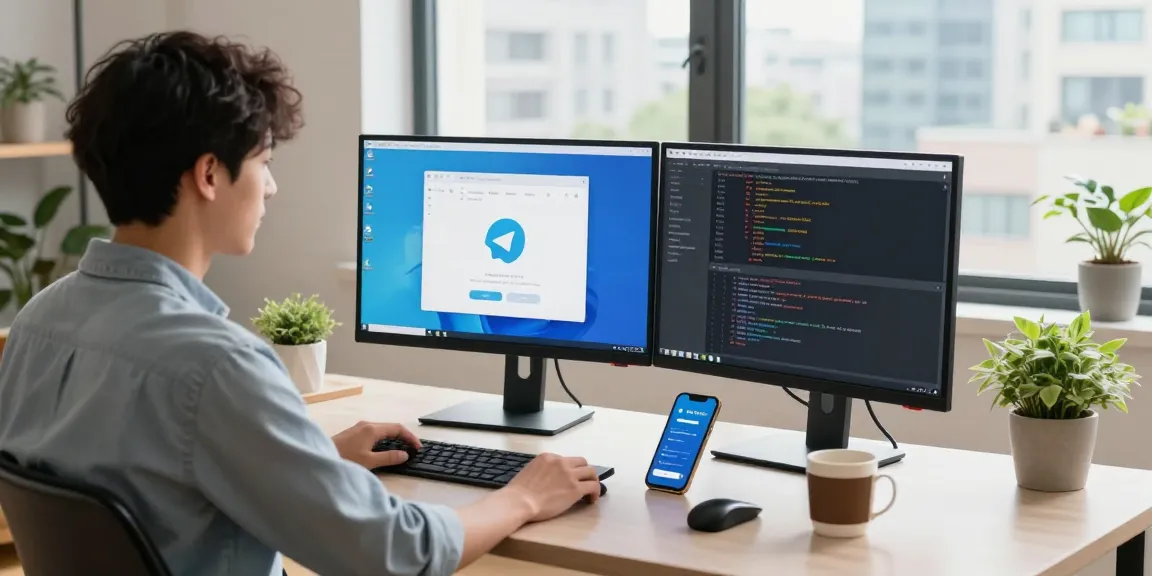 Streamlined workspace featuring telegram中文版下载 on monitors, showcasing modern tech aesthetics.