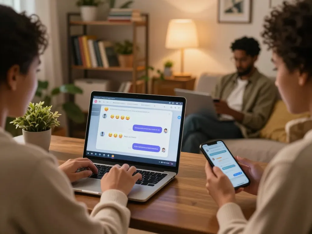 Dynamic NSFW AI chat scene with individuals engaging in interactive digital conversations.