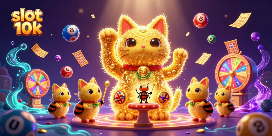Play slots 10k with excitement alongside vibrant lottery elements and a lucky cat mascot.