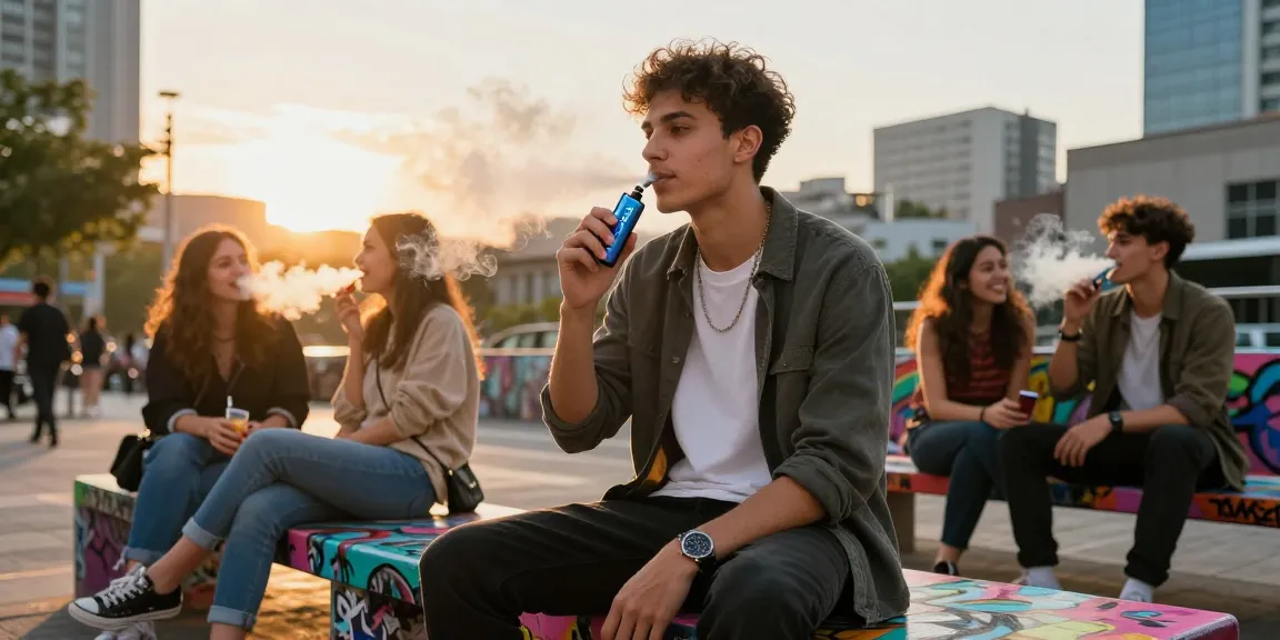 Young adult enjoying Hitz infinity Gen 7 vape in vibrant urban setting