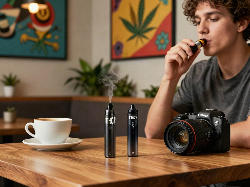 Person enjoying a THCX vape in a stylish lounge with ambient lighting.