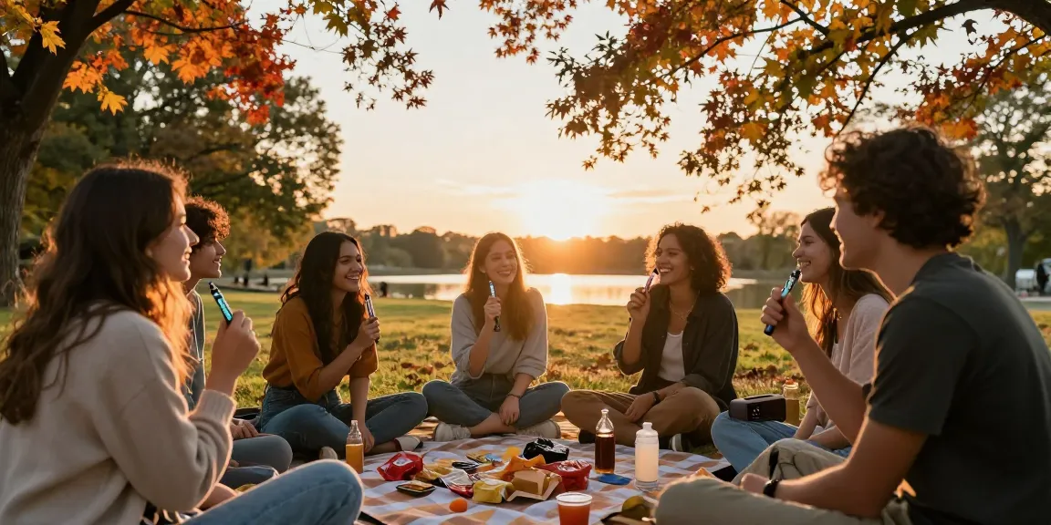 Freunde genießen ihre THC Vapes in Deutschland in einem malerischen Park, umgeben von goldenen Herbstblättern.