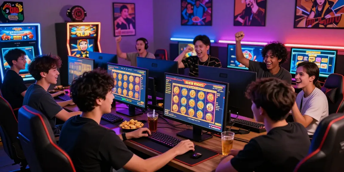 Group of players celebrating a jackpot on slot gacor games, vibrant gaming atmosphere with screens and snacks.