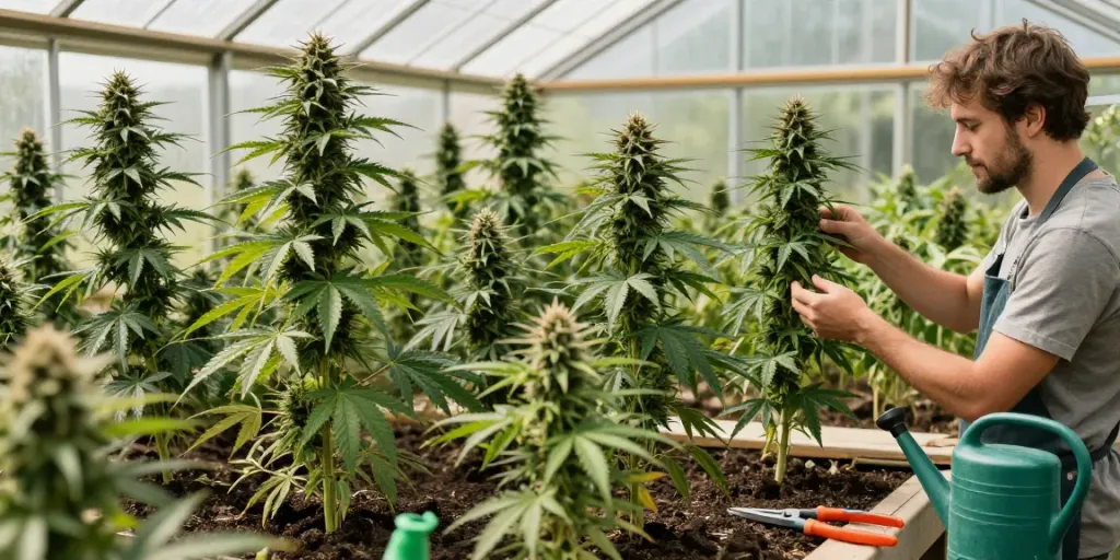 Inspecting male and female cannabis seeds in a vibrant greenhouse