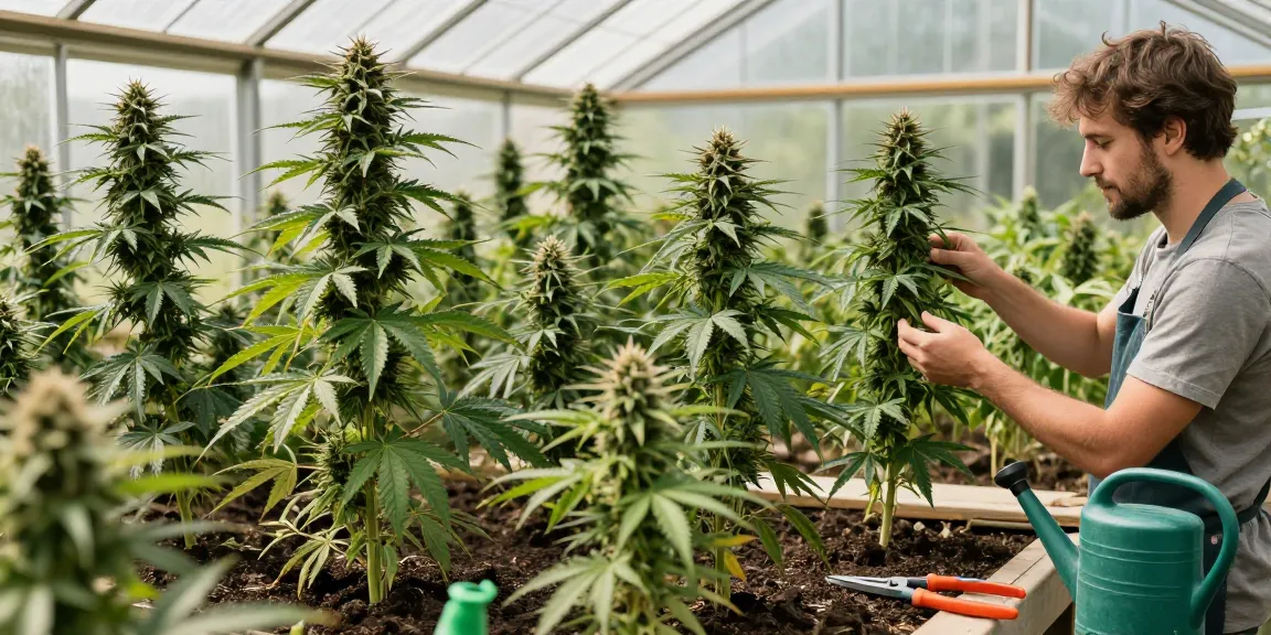 Inspecting male and female cannabis seeds in a vibrant greenhouse