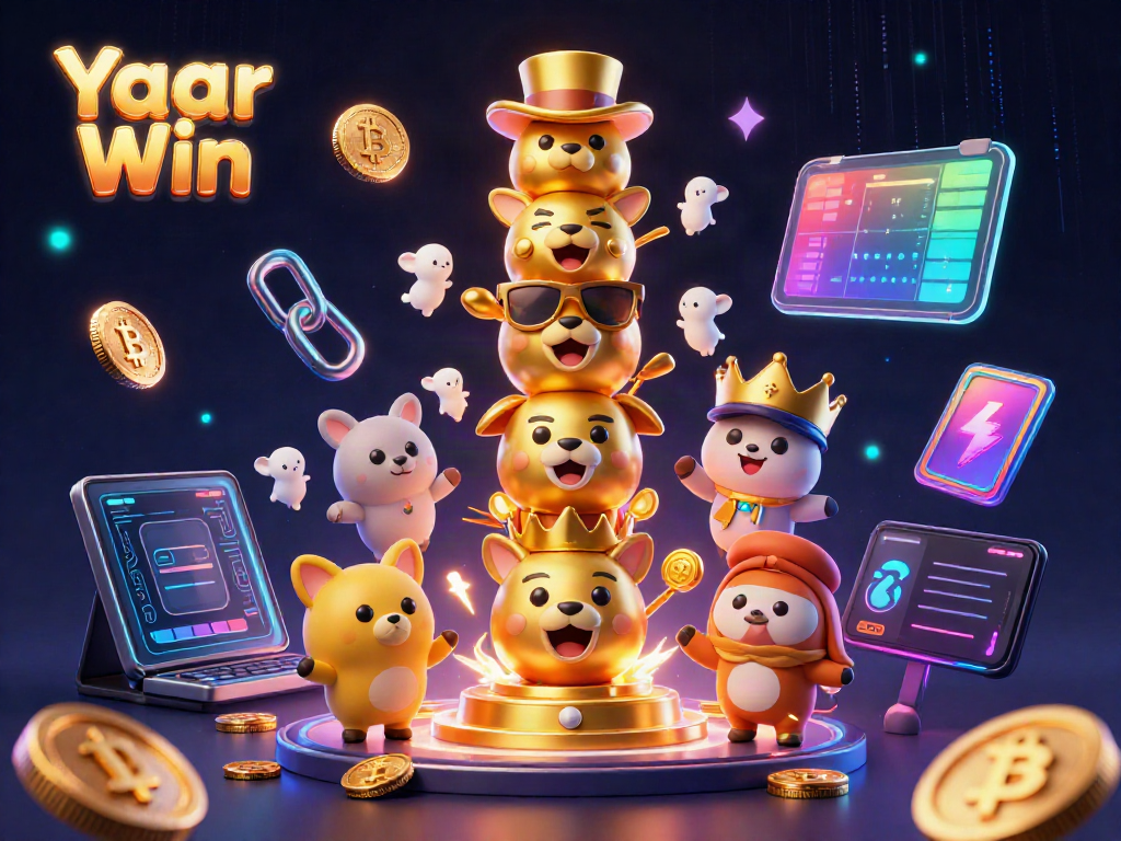 Experience Yaar Win with exciting 3D elements showcasing games like Bitcoin and Ethereum, perfect for mobile gaming.