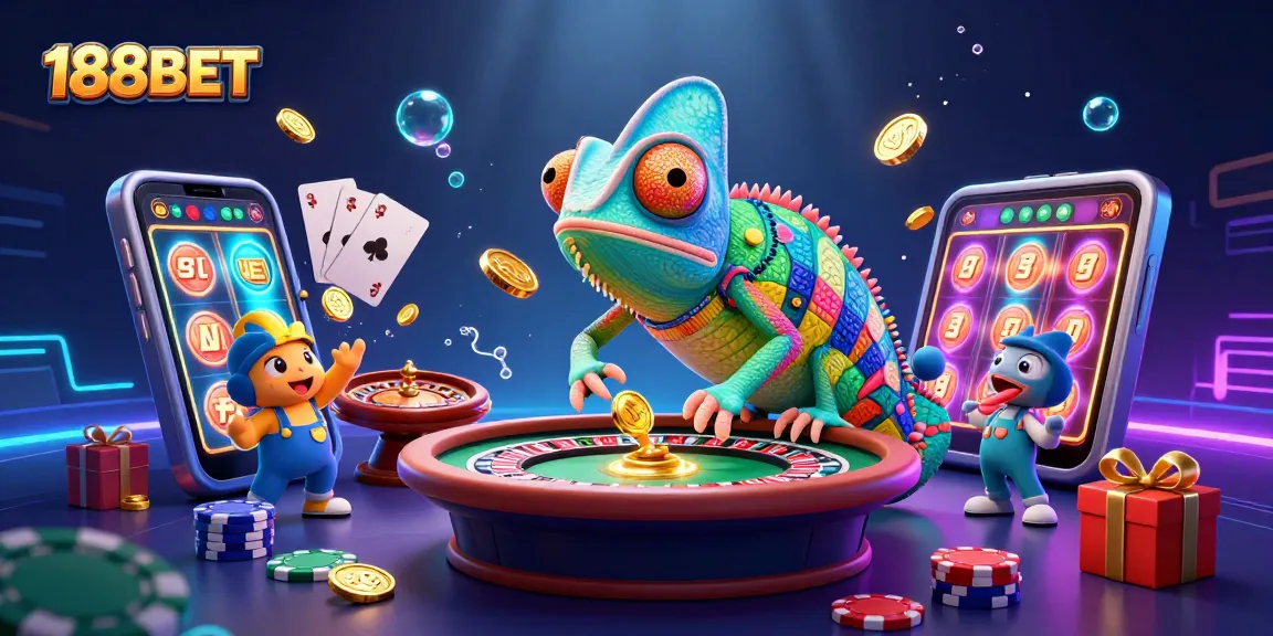 Experience 188BET's dynamic gaming scene with a chameleon casino owner and thrilling slot action.