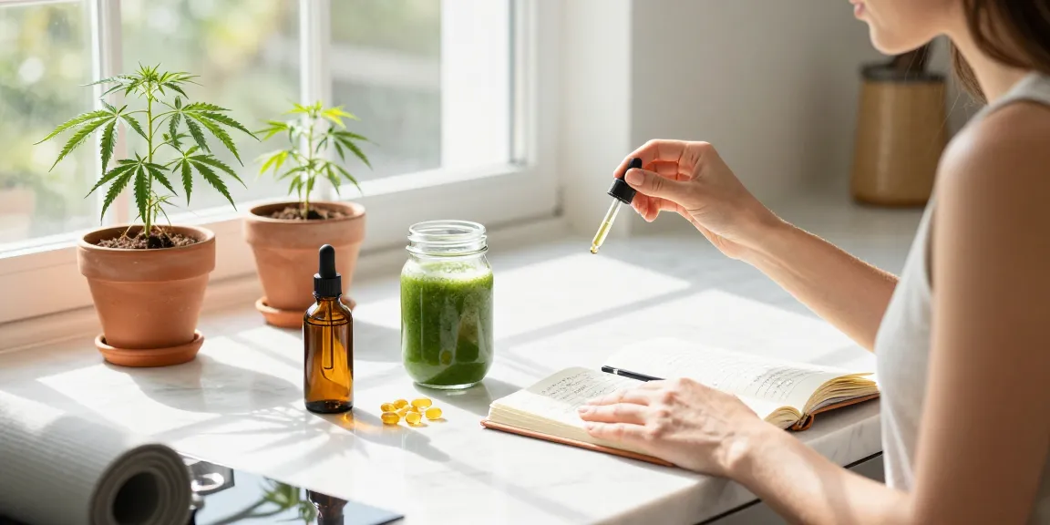 Ministry of Cannabis CBD oil tincture on kitchen counter with fresh hemp plants promoting organic wellness.
