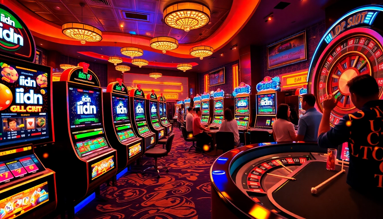 Players enjoying the excitement of idn slot machines in a vibrant casino setting.