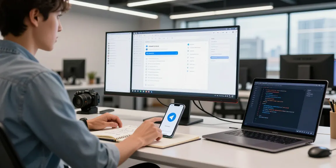 Explore telegram中文版下载 features in a modern tech workspace with multiple screens showcasing chat interfaces and a smartphone.