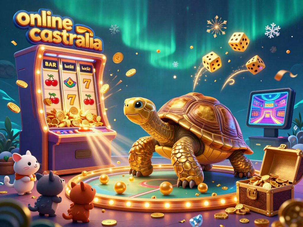 Experience the excitement of an online casino Australia with a lively tortoise-themed slot machine scene.
