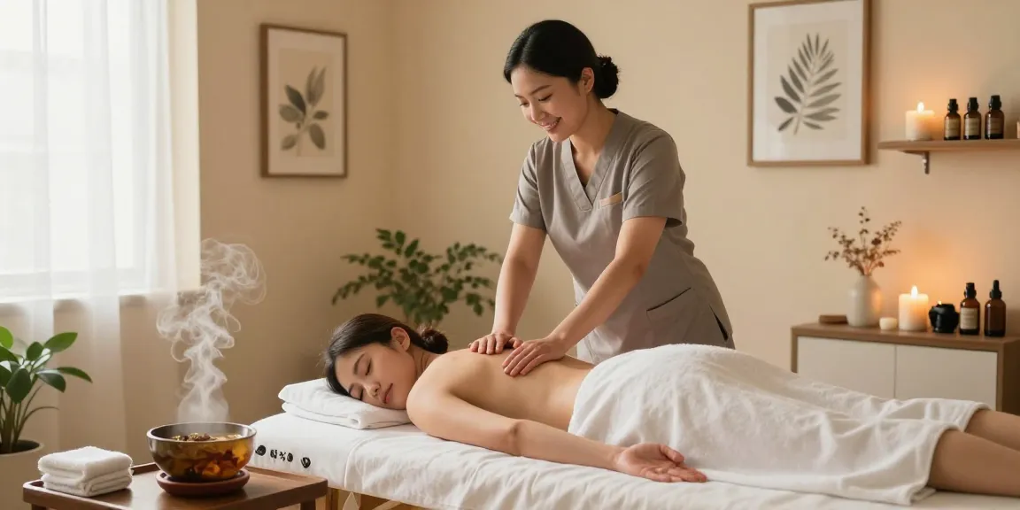 부천출장마사지 session in a serene home environment with calming elements.
