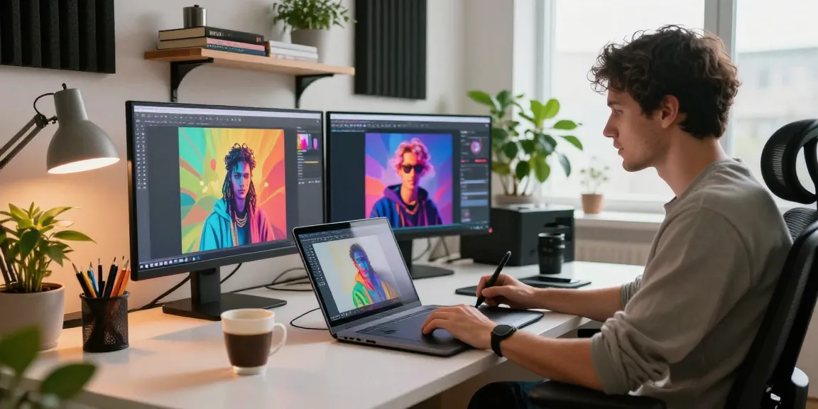Artist creating innovative ai nsfw content in a modern studio workspace