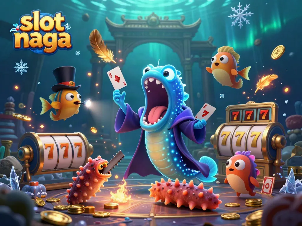 Spin the reels with slot naga as a bioluminescent eel performs magic tricks in an underwater casino.