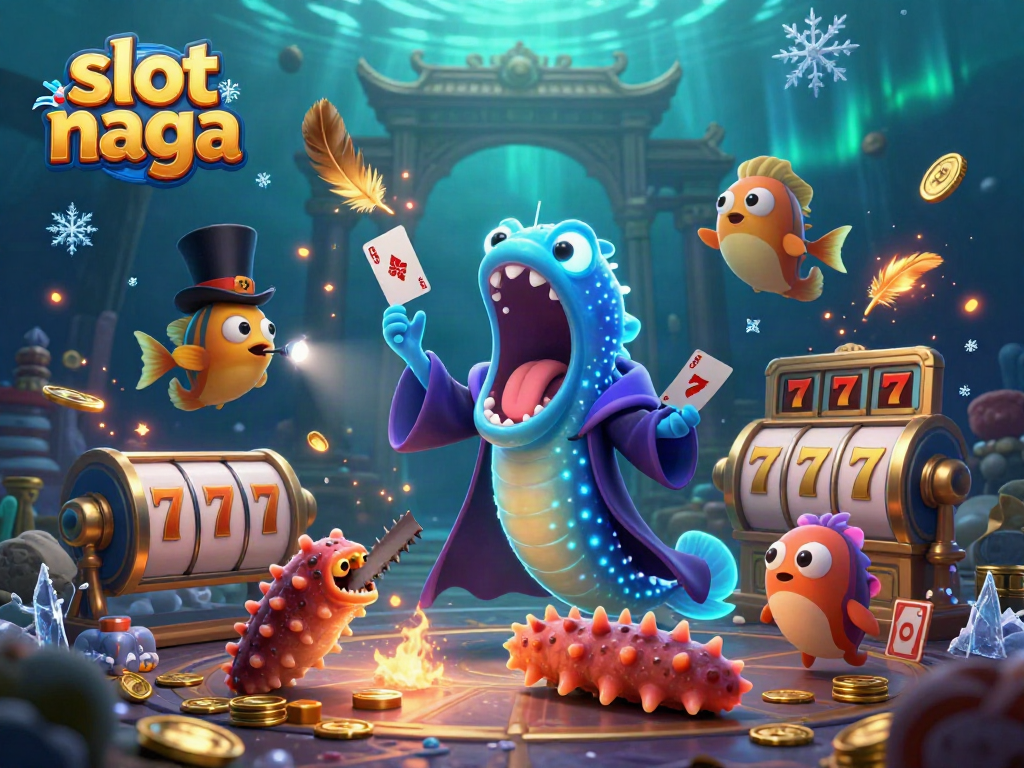 Spin the reels with slot naga as a bioluminescent eel performs magic tricks in an underwater casino.