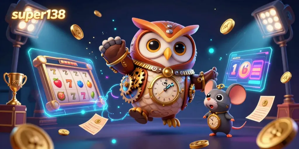 Experience thrilling gaming action with super138 in a vibrant 3D casino scene, featuring slots and dynamic characters.