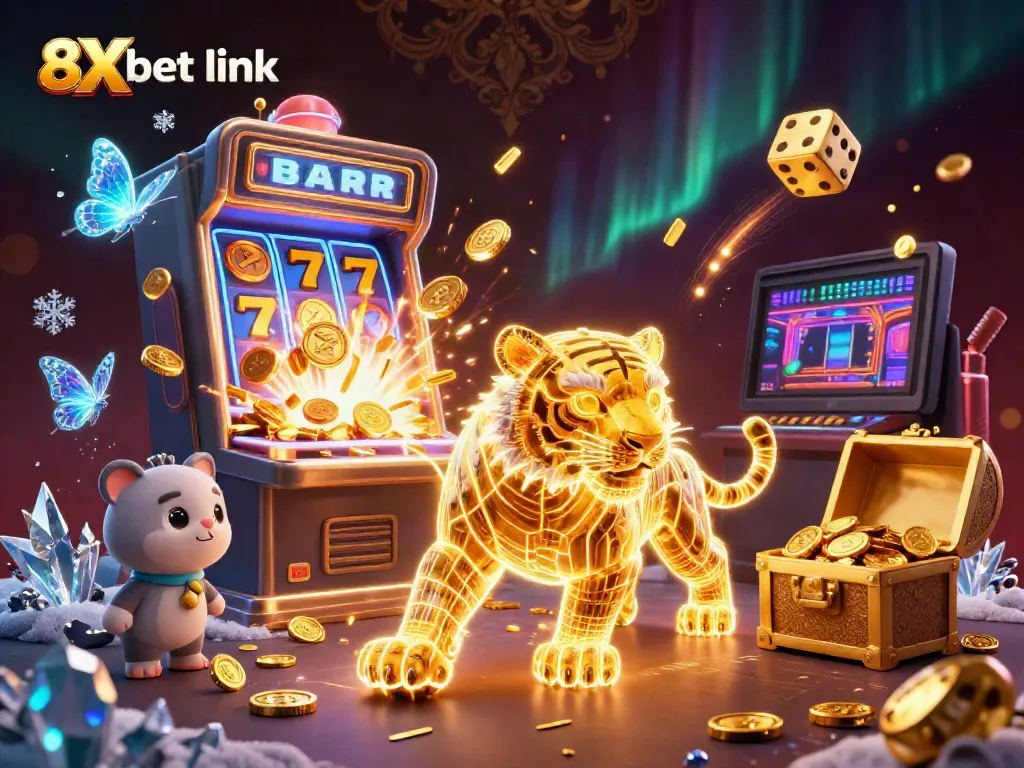 Experience the thrill of gaming with 8Xbet link, featuring vibrant casino elements and dazzling jackpot visuals.