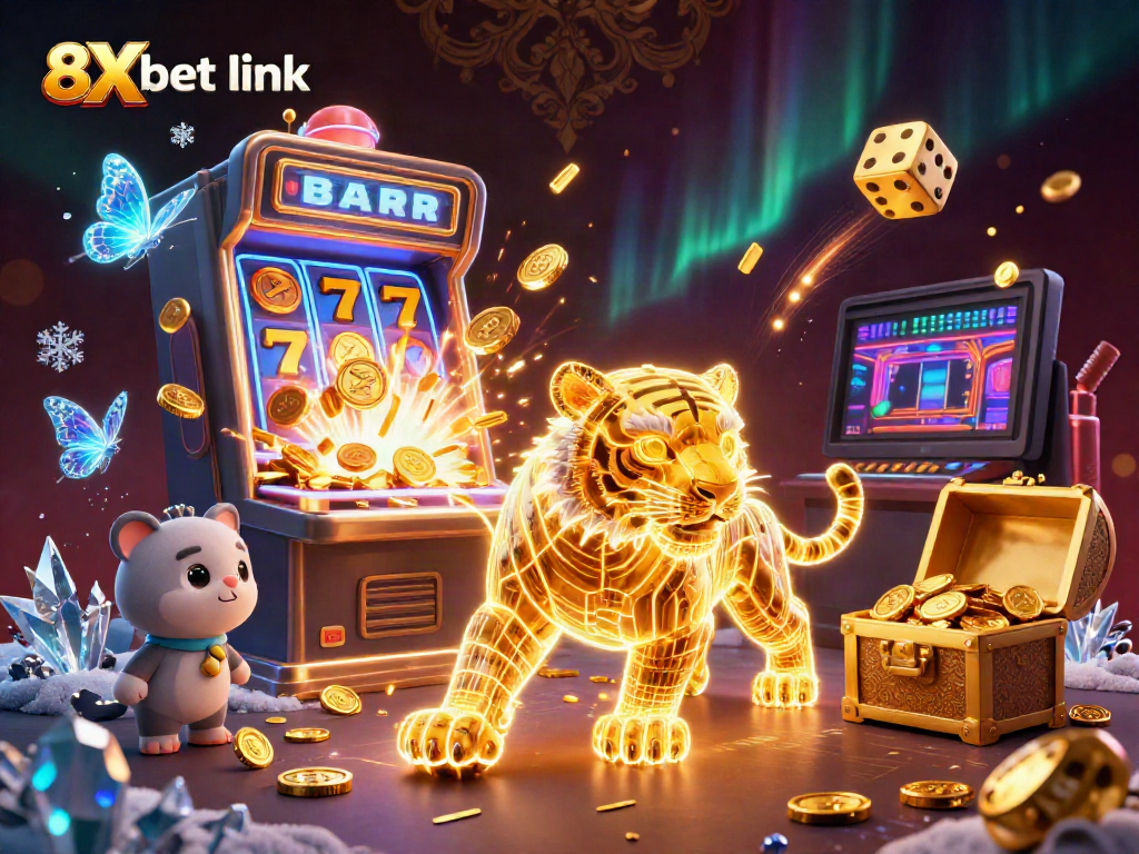 Experience the thrill of gaming with 8Xbet link, featuring vibrant casino elements and dazzling jackpot visuals.