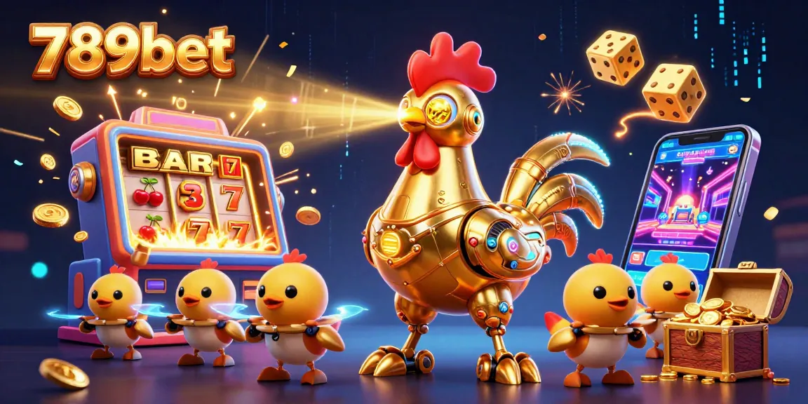 Engage in thrilling gaming at 789bet, featuring a dynamic scene with a golden rooster robot and slot machine burst.